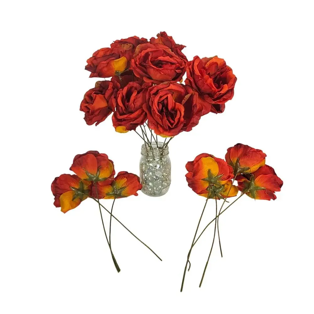 Artificial Large Red Orange Roses 16 Stems Faux Silk Fall Wedding Floral Lot
